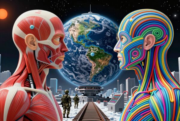 Futuristic figures with exposed anatomy, colorful lines, Earth background, and a cityscape.