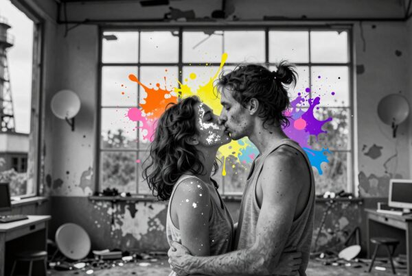 A couple kisses, surrounded by vibrant paint splashes contrasting a black-and-white abandoned room.