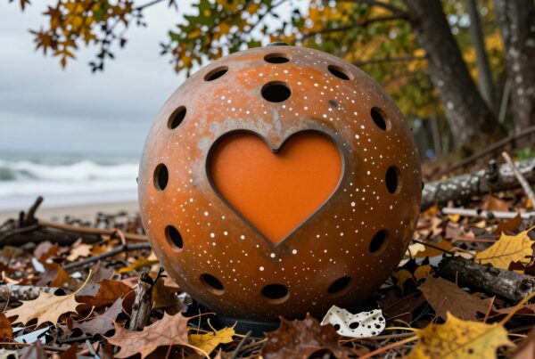 Orange sphere with heart cutout, surrounded by autumn leaves on a beach.