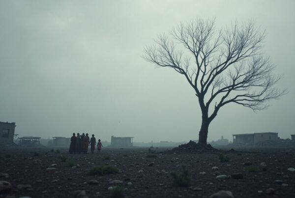 Desolate landscape featuring a group of people and a solitary leafless tree against an overcast sky.
