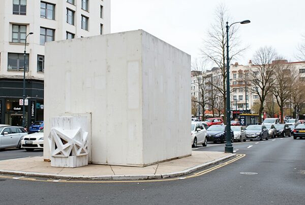 White cubic sculpture standing at a busy urban intersection.