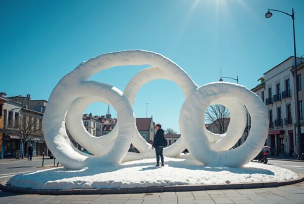 A large looped sculpture in a city square.