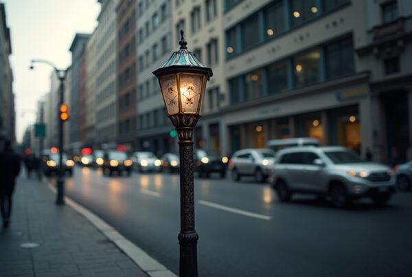 A vintage street lamp glowing warmly on a bustling city street with blurred vehicles and pedestrians.