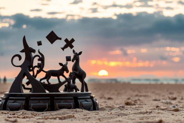 Artistic sculpture at sunset on a beach with a glowing sky backdrop.