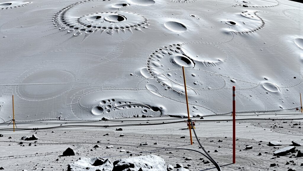 Futuristic lunar base with alien architectural structures and survey poles