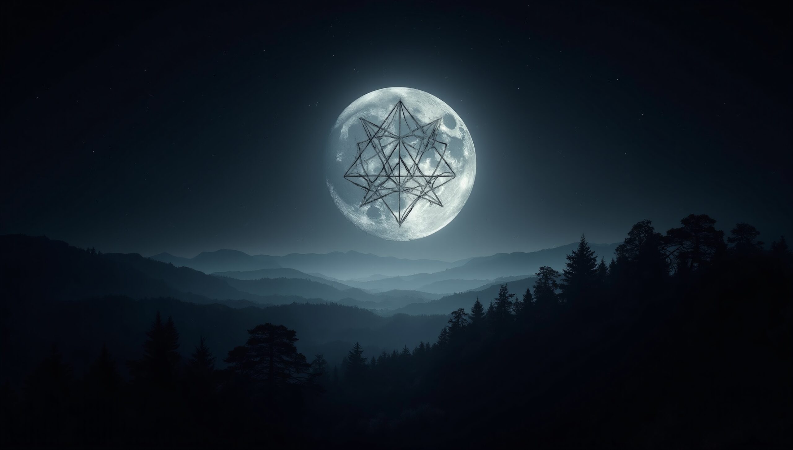 Geometric Moon Over Serene Landscape