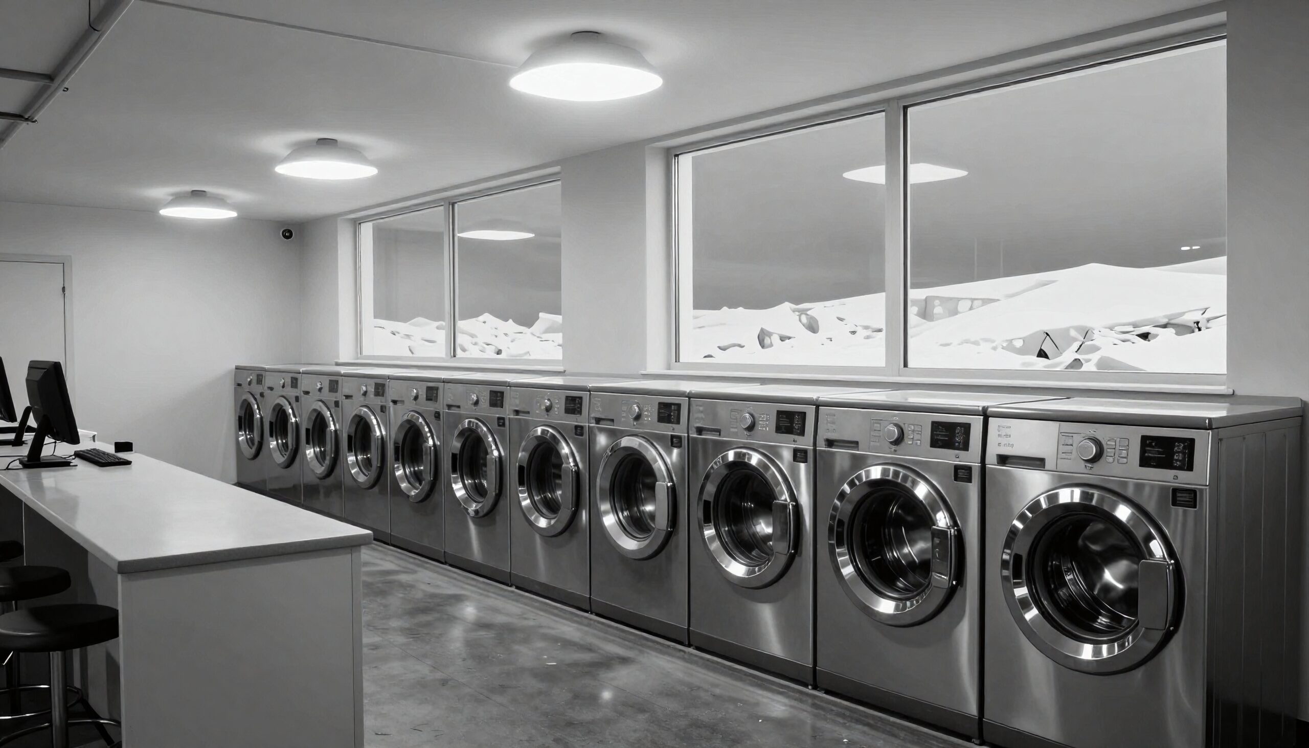 Laundromat with snowy landscape view