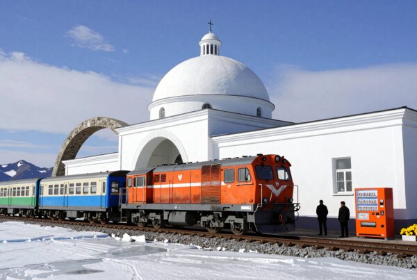 Orange train and white domed building in snowy mountain landscape.