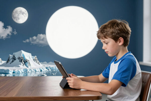Boy using tablet indoors near window with artistic lunar-themed wallpaper
