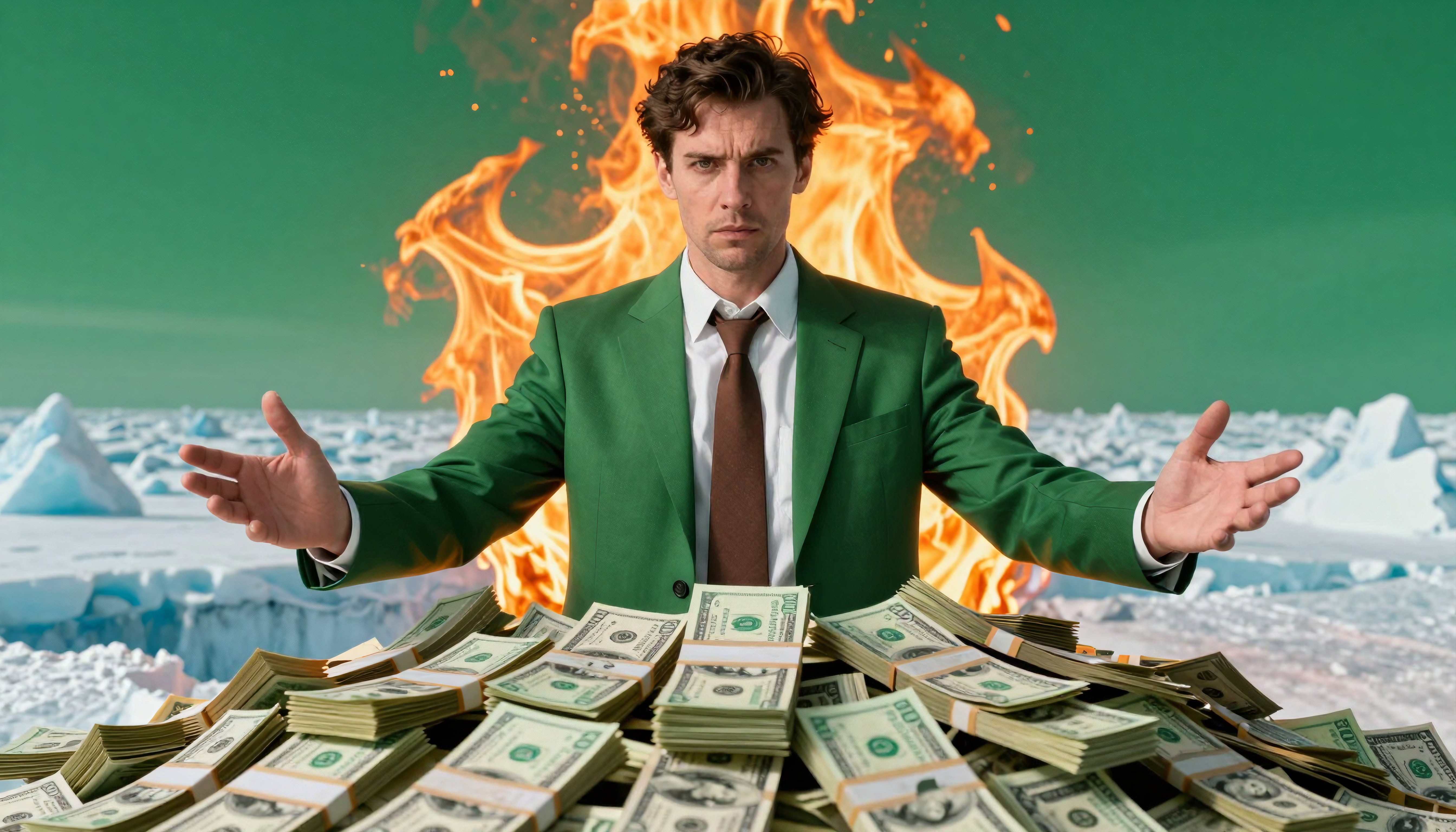 Businessman Emerging from Flames in a Blizzard of Cash