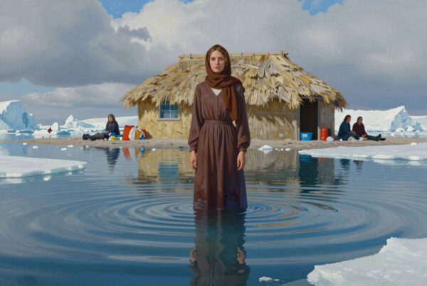 Woman in water by hut with icebergs and figures