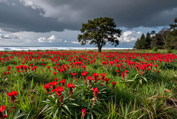 Vibrant red flowers bloom amid green fields near ocean under dark storm clouds