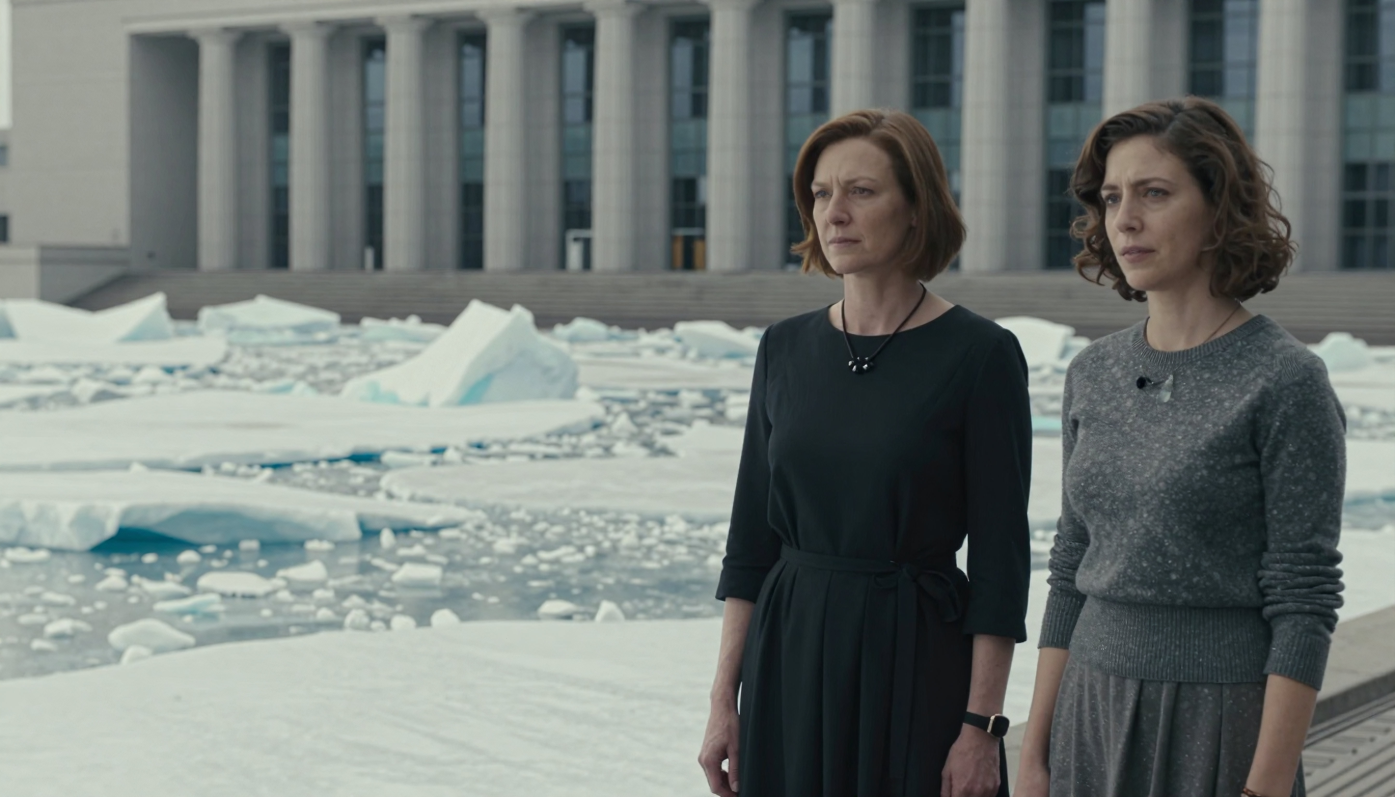 Two Women Standing Before Iceberg-Laden Waterfront