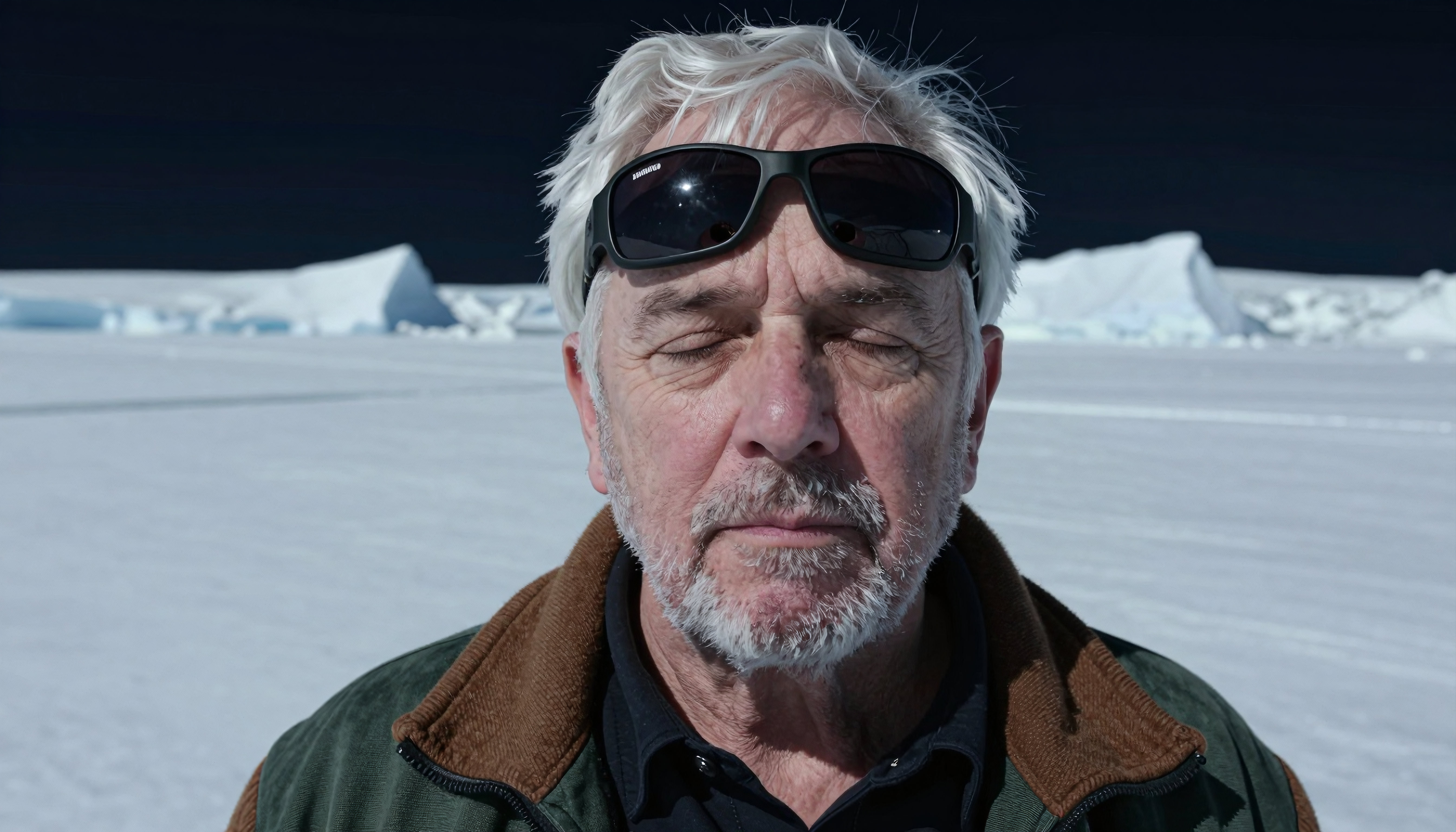 Man with Sunglasses in Arctic Ice Landscape