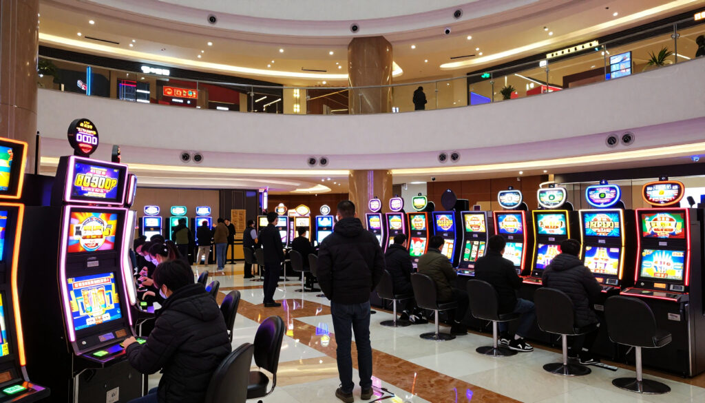 Gambling Arcade in Multi-Level Mall with Slot Machines and Patro