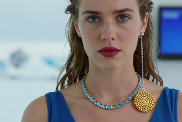 Woman wearing luxurious gold necklace and red lipstick near snowy landscape