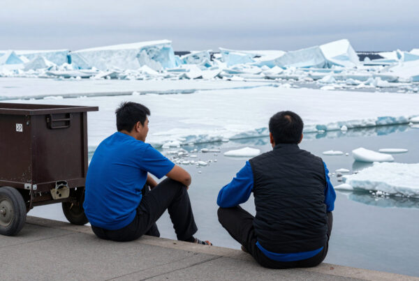 Men observing majestic ice floes from coastal dock near heavy-duty transport cart