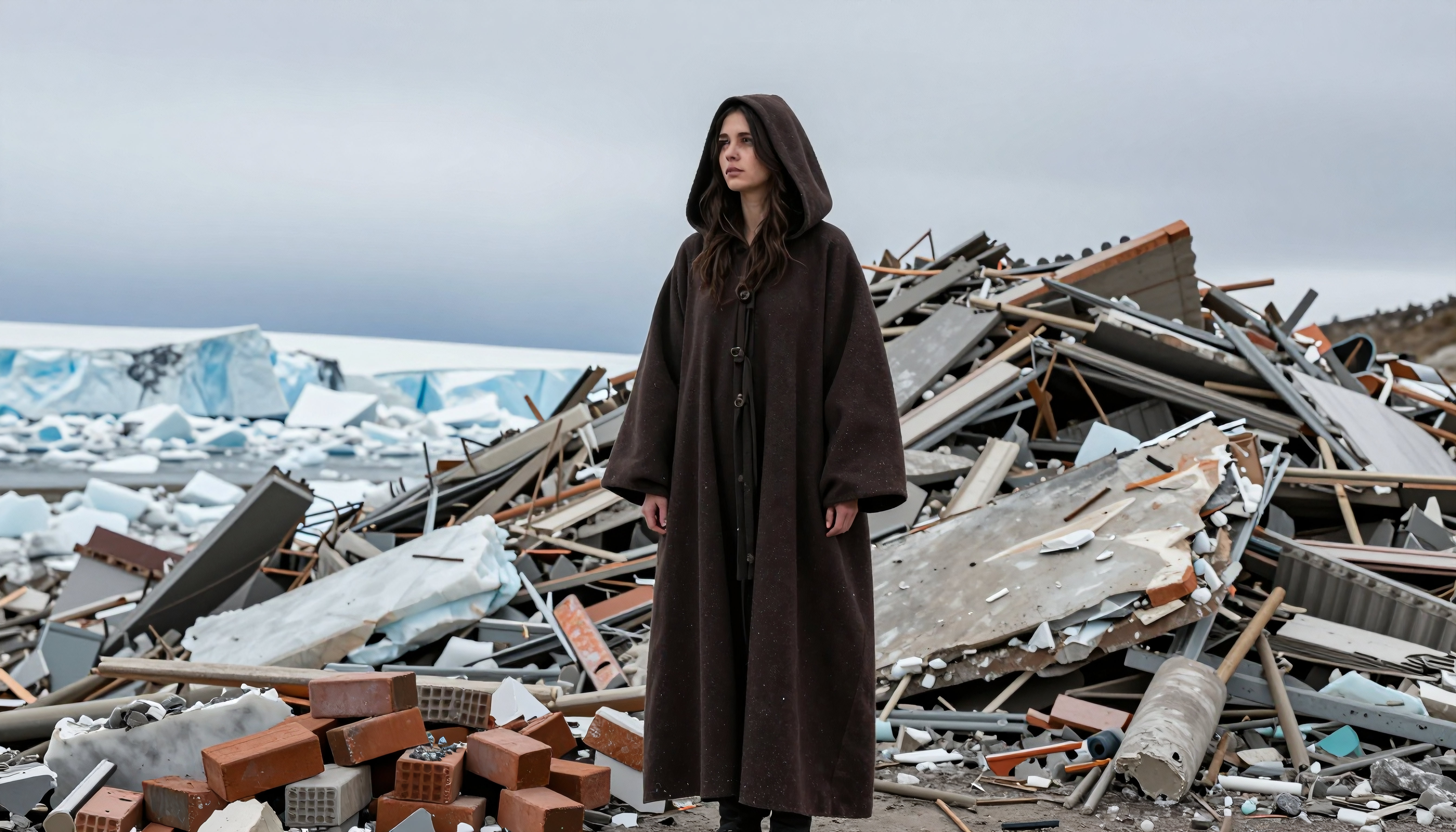 Woman in Hooded Cloak Amidst Rubble and Icebergs