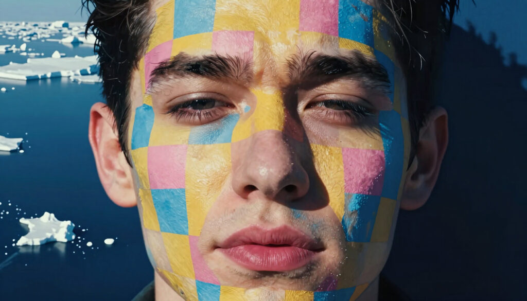 Colorful Mosaic Face Painting Against Arctic Water Background