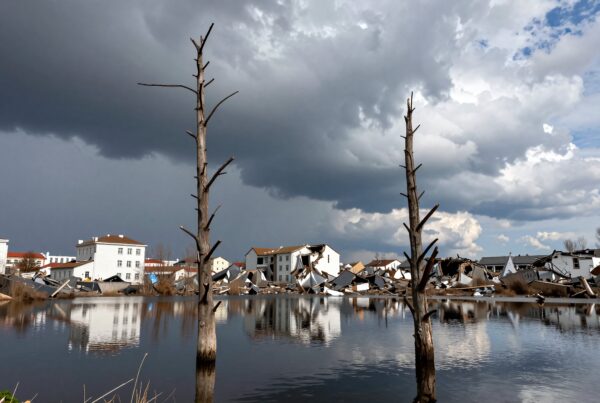 A serene but dramatic landscape with bare trees, storm clouds, and damaged buildings reflecting in water.