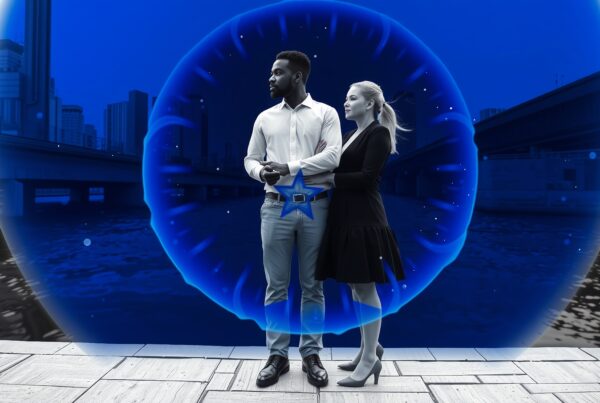 A couple stands in a blue glowing orb on a city walkway, creating a magical urban scene.