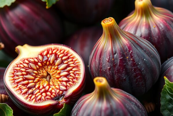 Close-up of fresh figs with visible interior and green leaves.
