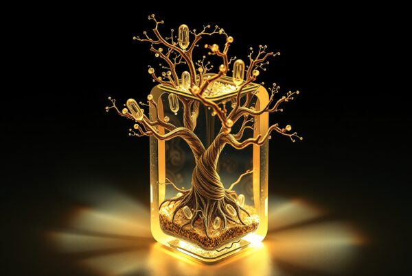 A glowing golden tree sculpture inside a glass case with intricate details.