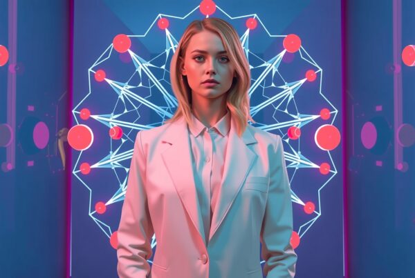 Futuristic lab scene with woman against a neon, geometric backdrop.