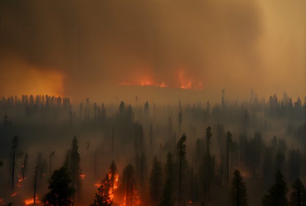 A dramatic scene of a forest wildfire with towering flames and thick smoky sky, illustrating nature's raw power and destruction.
