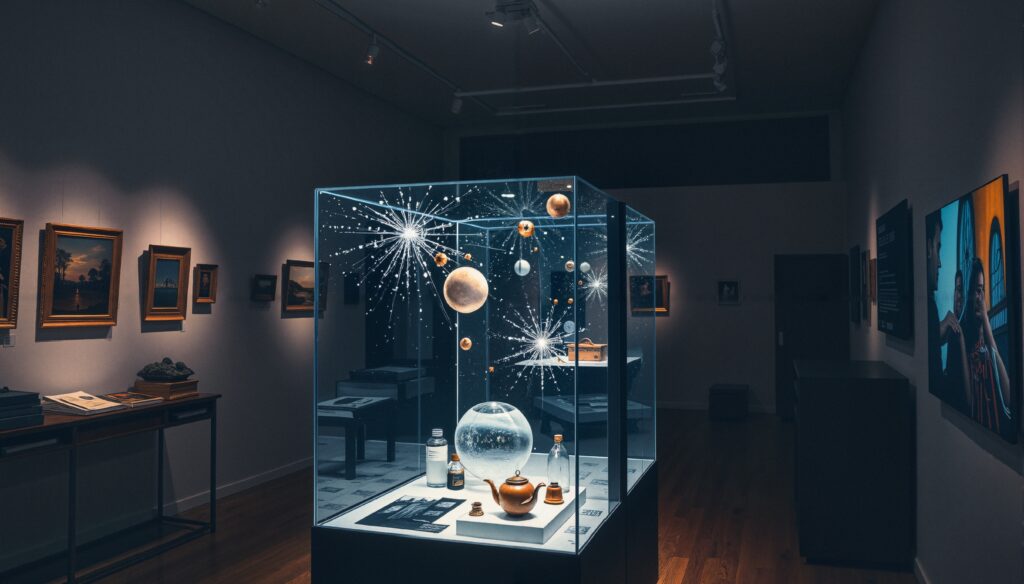 Modern Museum Display Featuring Cosmic Art and Domestic Objects