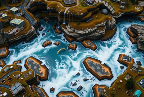 Aerial view of a futuristic landscape with hexagonal platforms and turquoise river.