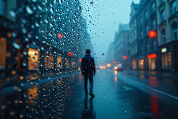 Raindrops on a city window with silhouette.