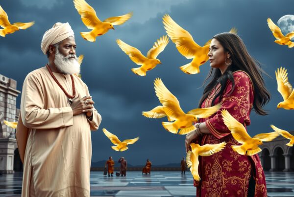 A man and woman stand serenely under a moonlit sky, surrounded by flying yellow birds, with grand arches in the background.