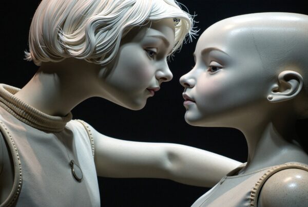 Hyper-realistic mannequins with human-like features.