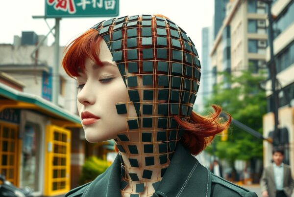 Woman in futuristic fashion with grid pattern on face in urban setting.
