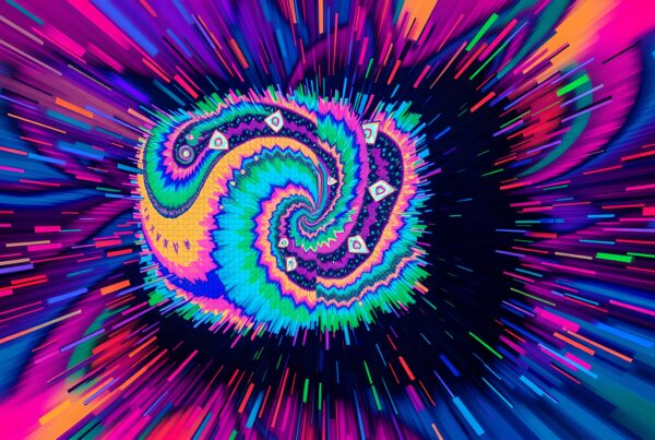 Vibrant abstract psychedelic swirl with neon colors.