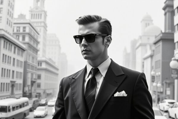 A stylish man in sunglasses and a suit walks confidently through a busy city street, exuding sophistication.