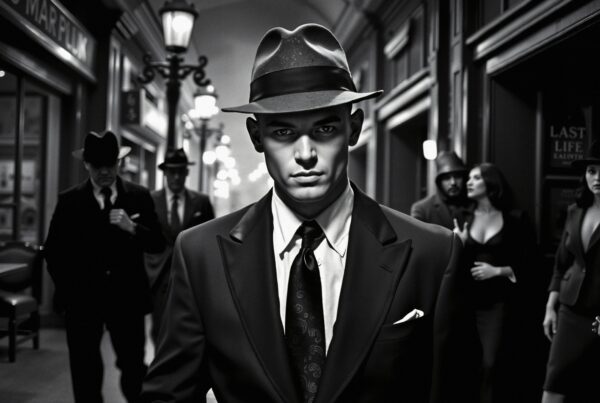 A group in 1920s attire walks through a noir-inspired, dim corridor, exuding mystery and elegance.