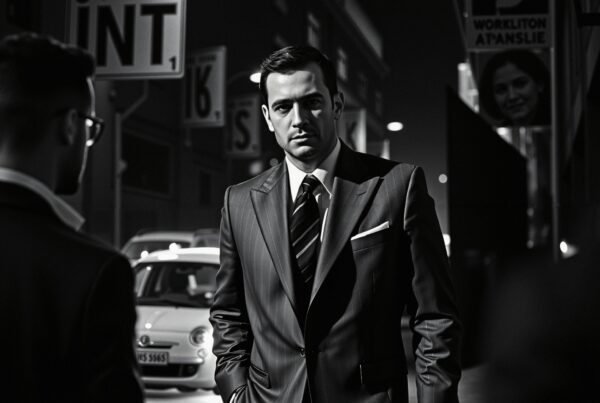 Stylish man in pinstripe suit stands on dimly lit urban street at night.