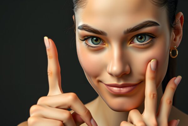 Close-up of a woman smiling with a playful gesture and bright eyes.