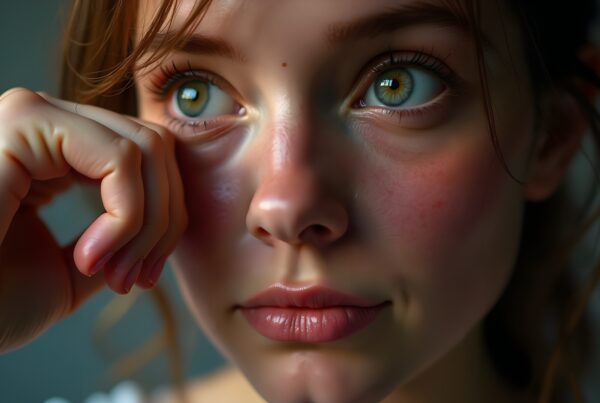 Close-up portrait of a young woman with thoughtful expression and striking green eyes.