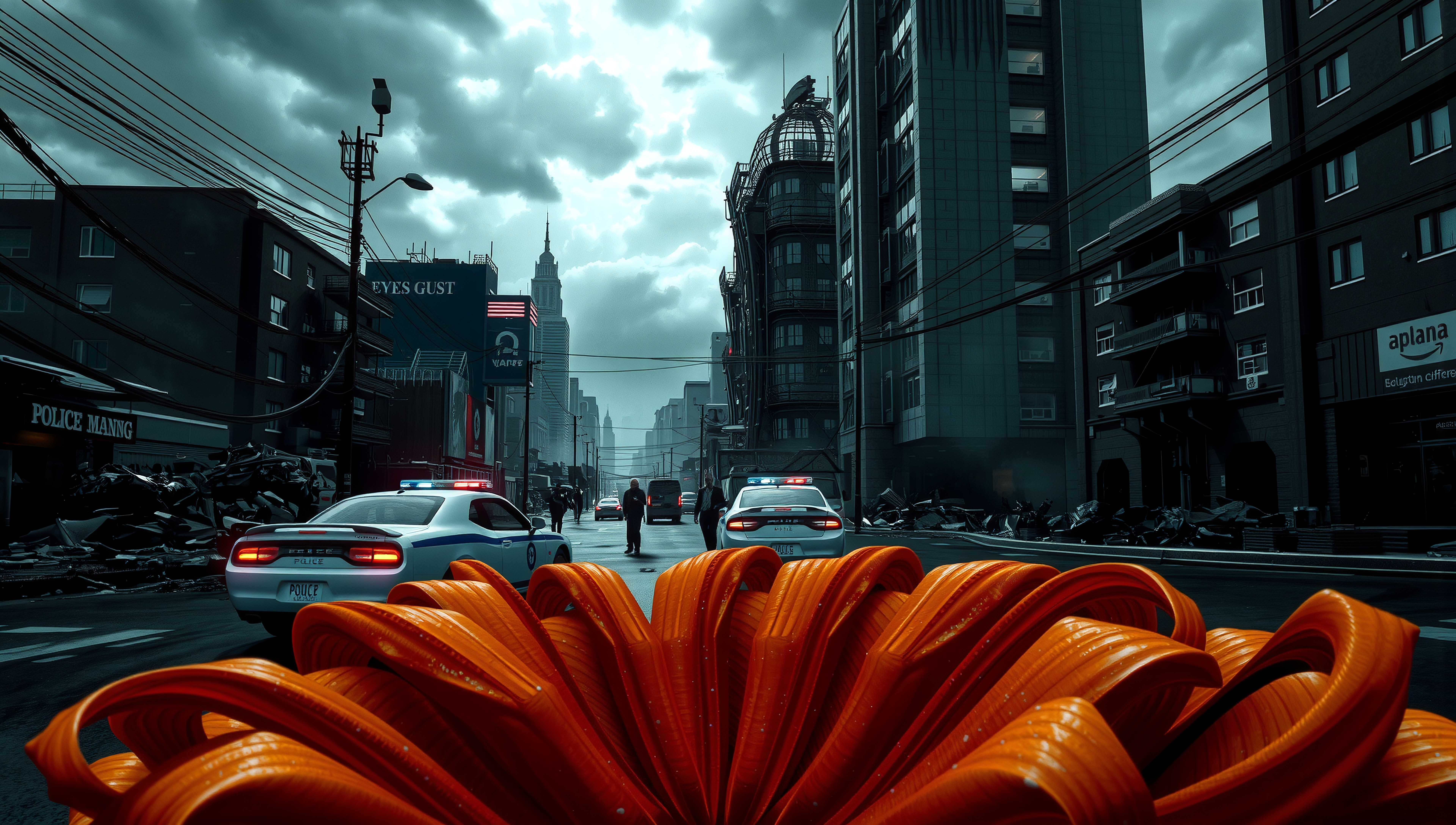 Abstract foreground leading to urban street