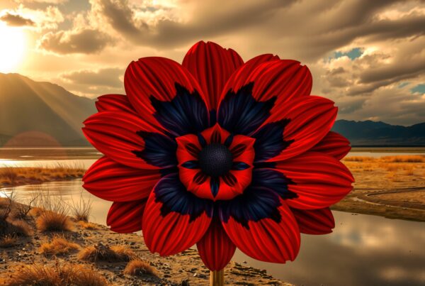 A vivid red flower stands against a stunning sunset landscape with mountains and water.
