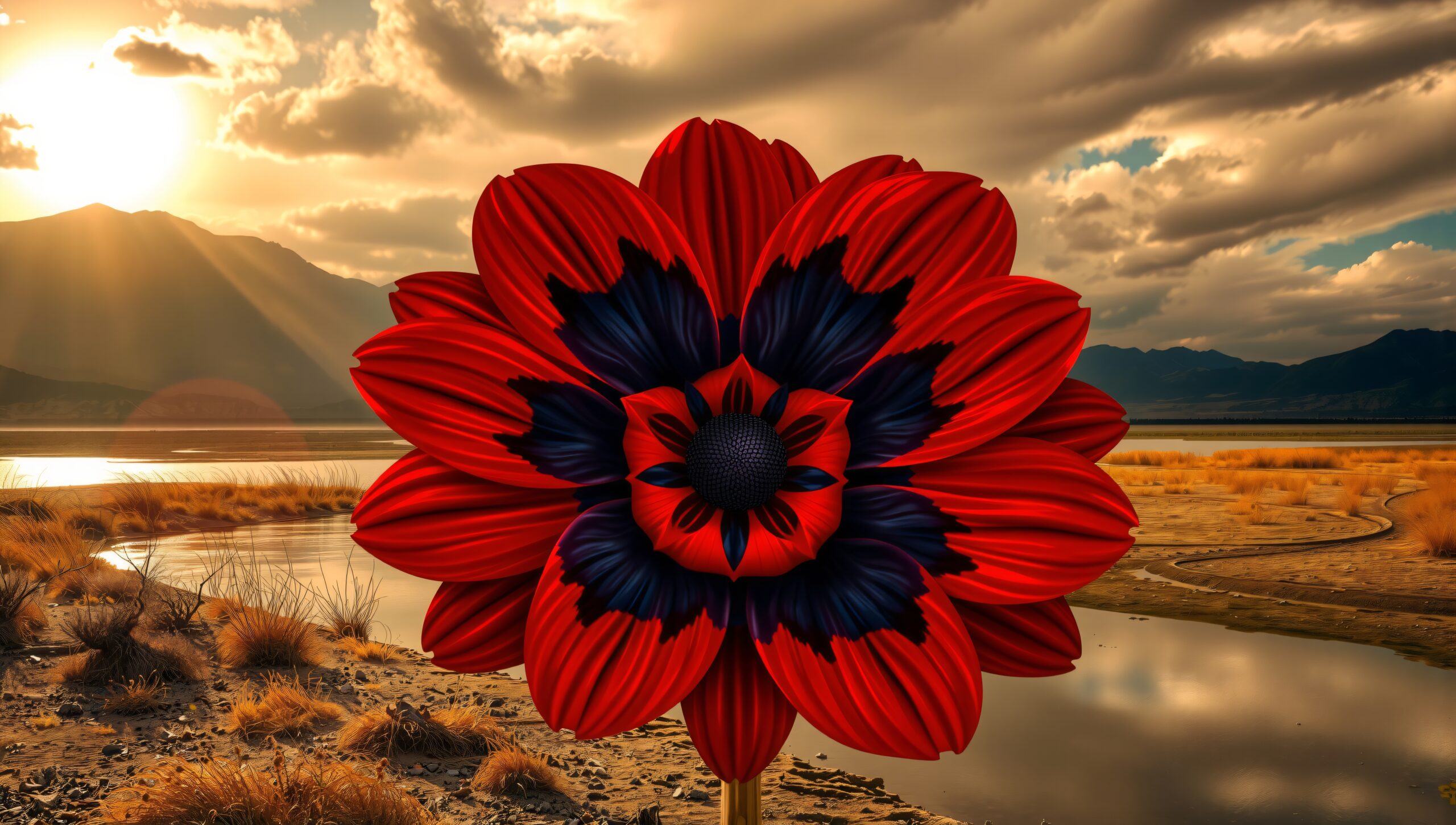 Striking Flower Against Sunset Landscape