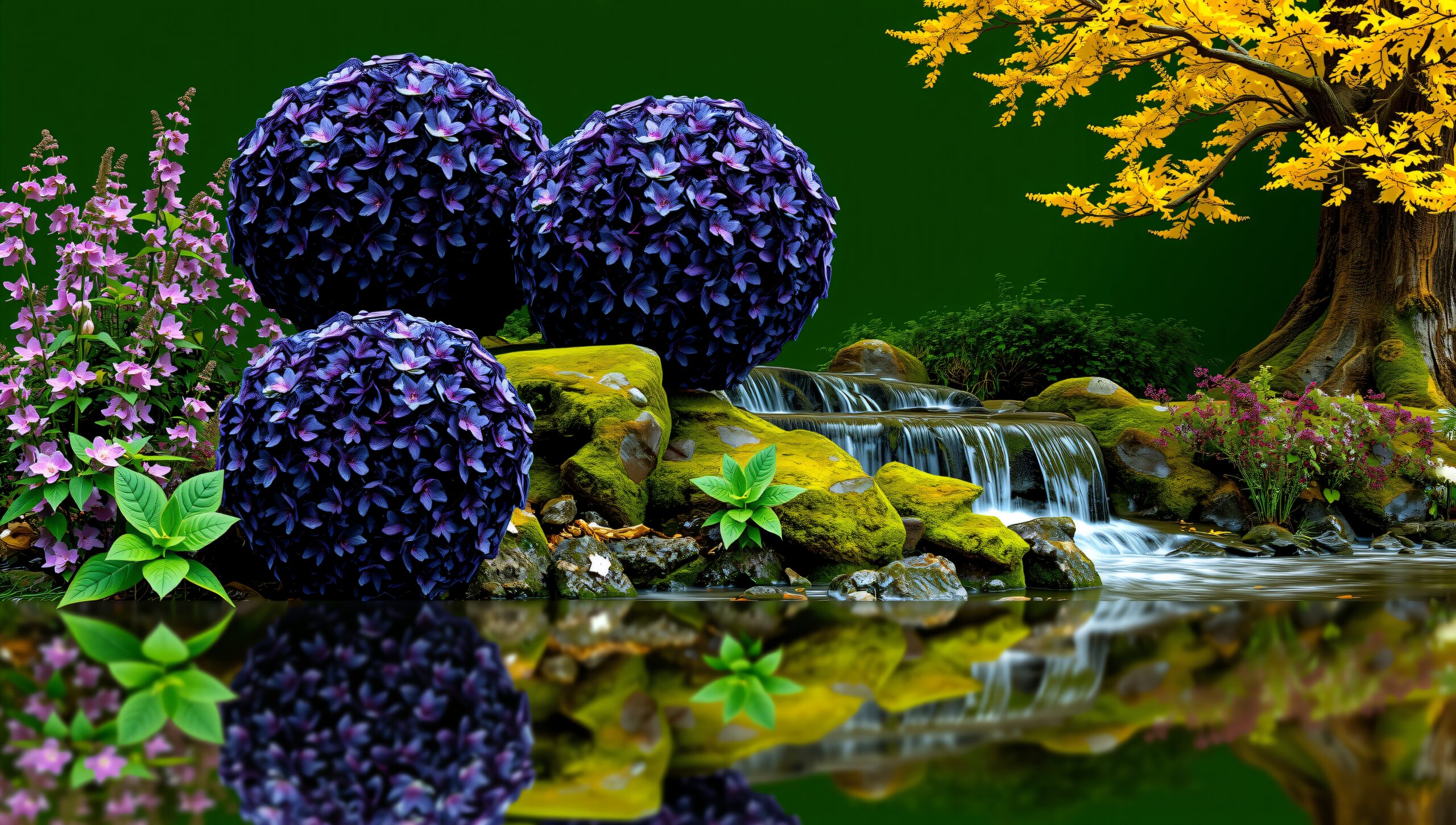 Spherical Flowers Reflecting Waterfall