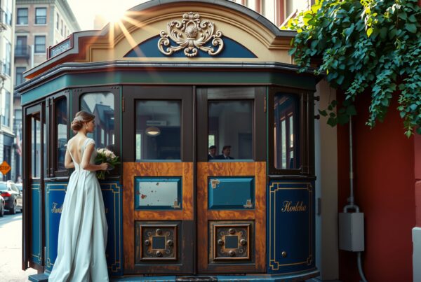 A bride in a white gown stands beside a vintage tram in a charming city street, sunlight illuminating the scene.