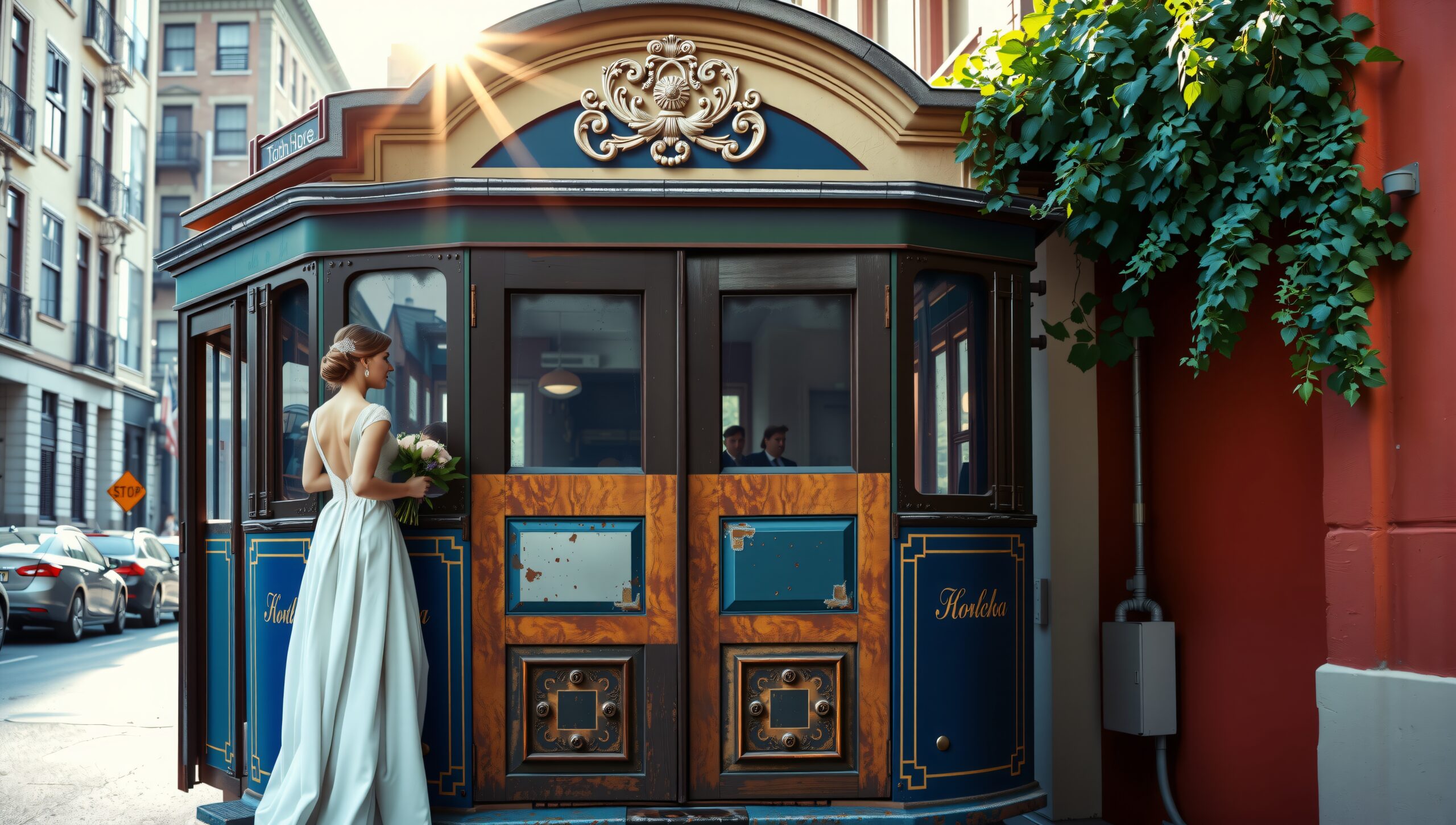 Vintage Tram and Elegant Bride