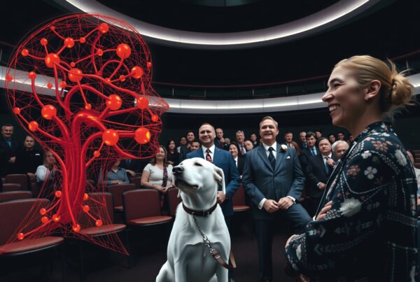 Audience engaged with holographic neural network display.