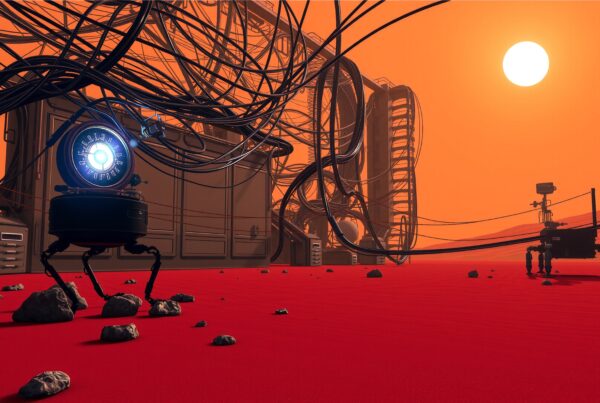 A scene of robots exploring a red, sandy alien landscape under an orange sky with cables and structures.
