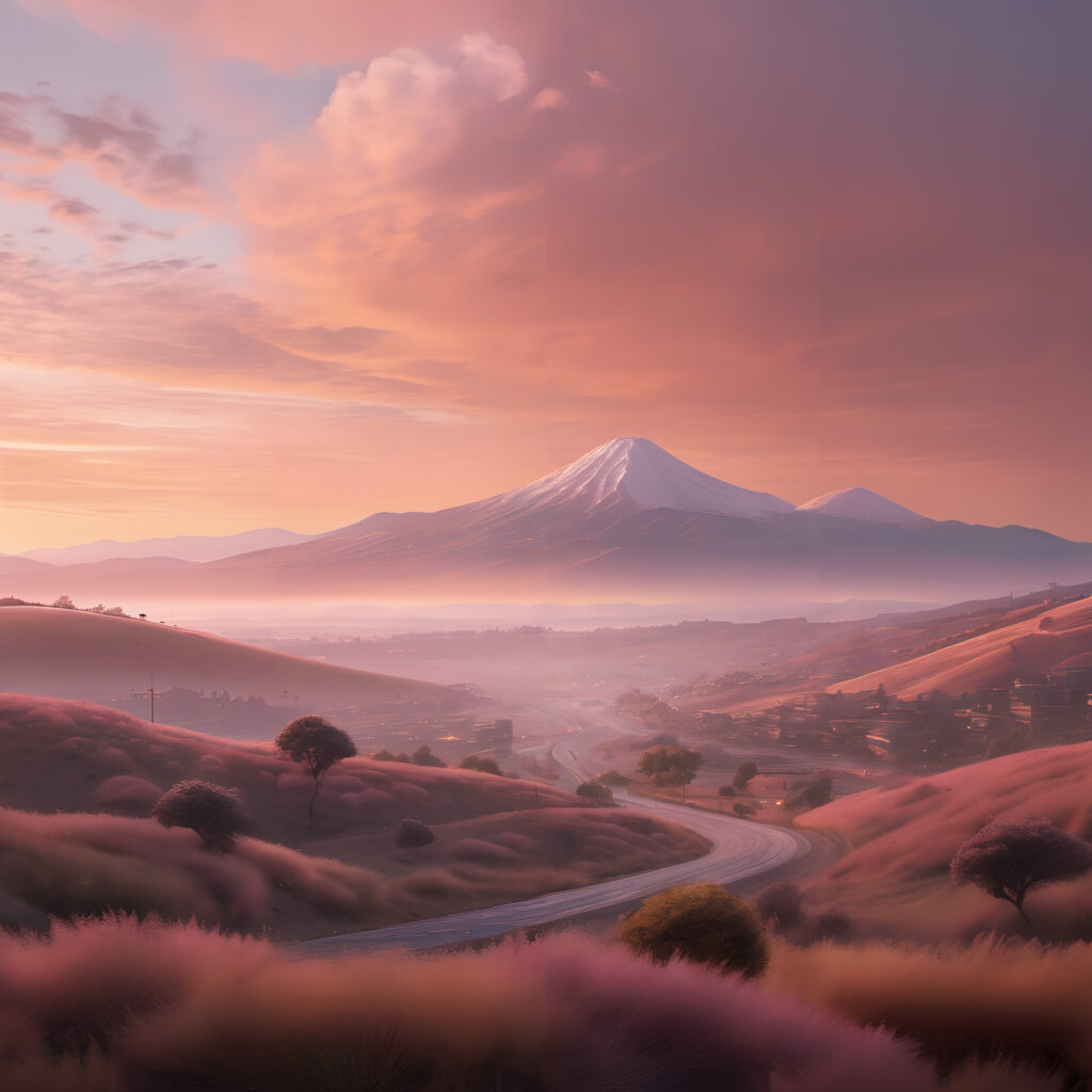 Sunset Over Snow-Capped Mountain and Rolling Hills